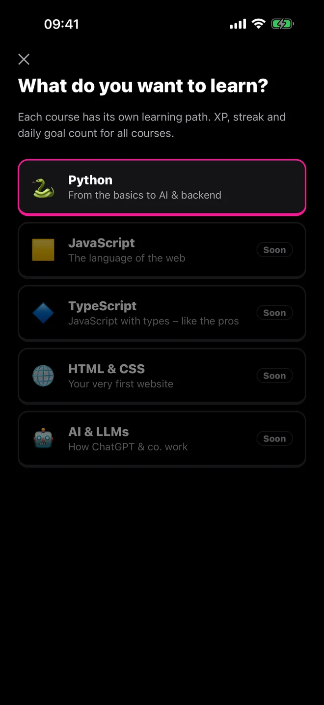 Course picker in the app: Python, JavaScript, TypeScript, HTML & CSS, AI & LLMs