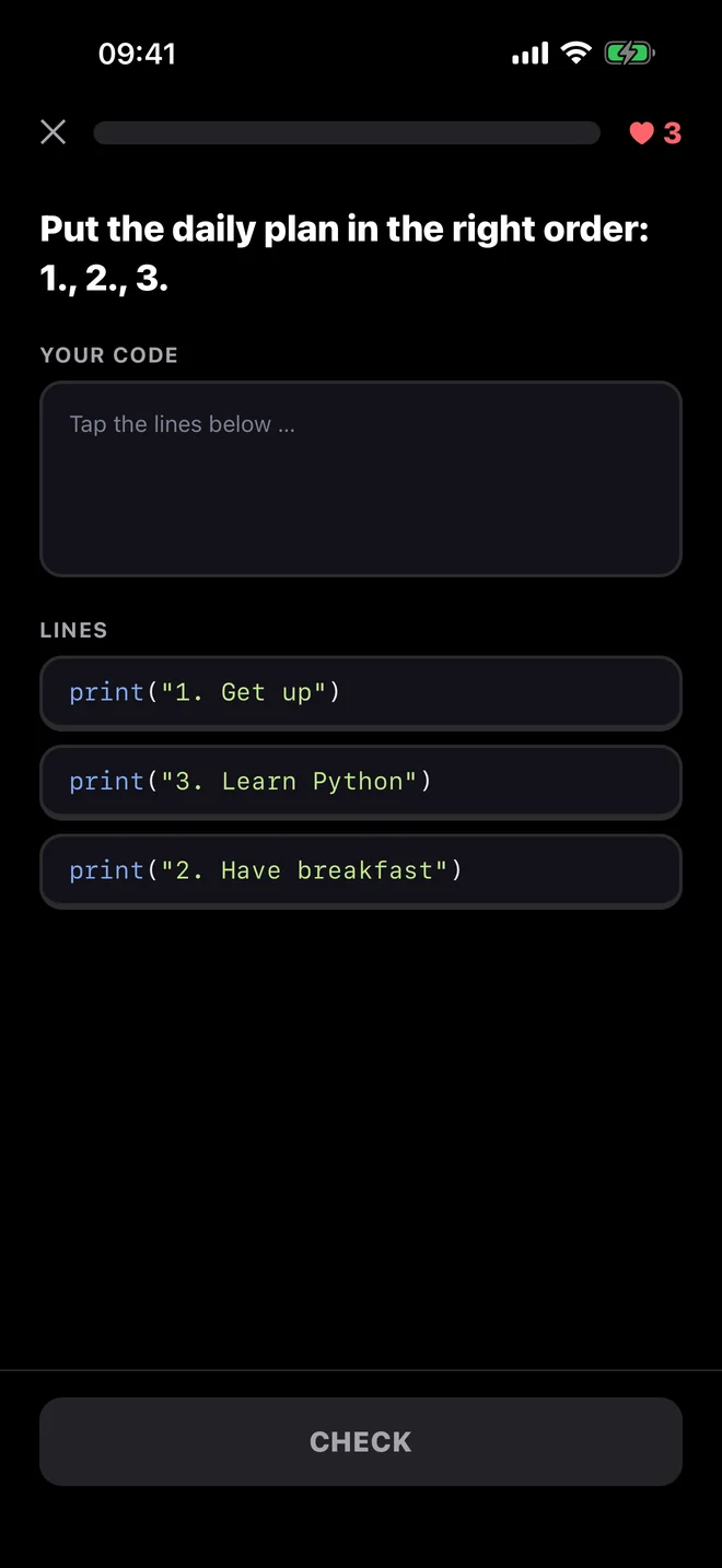 An exercise where you put lines of code in the right order