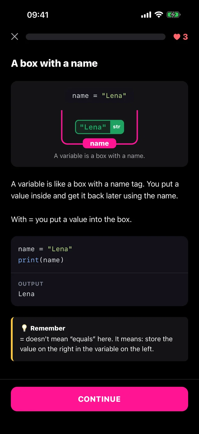 A lesson on variables with an animation and a code example